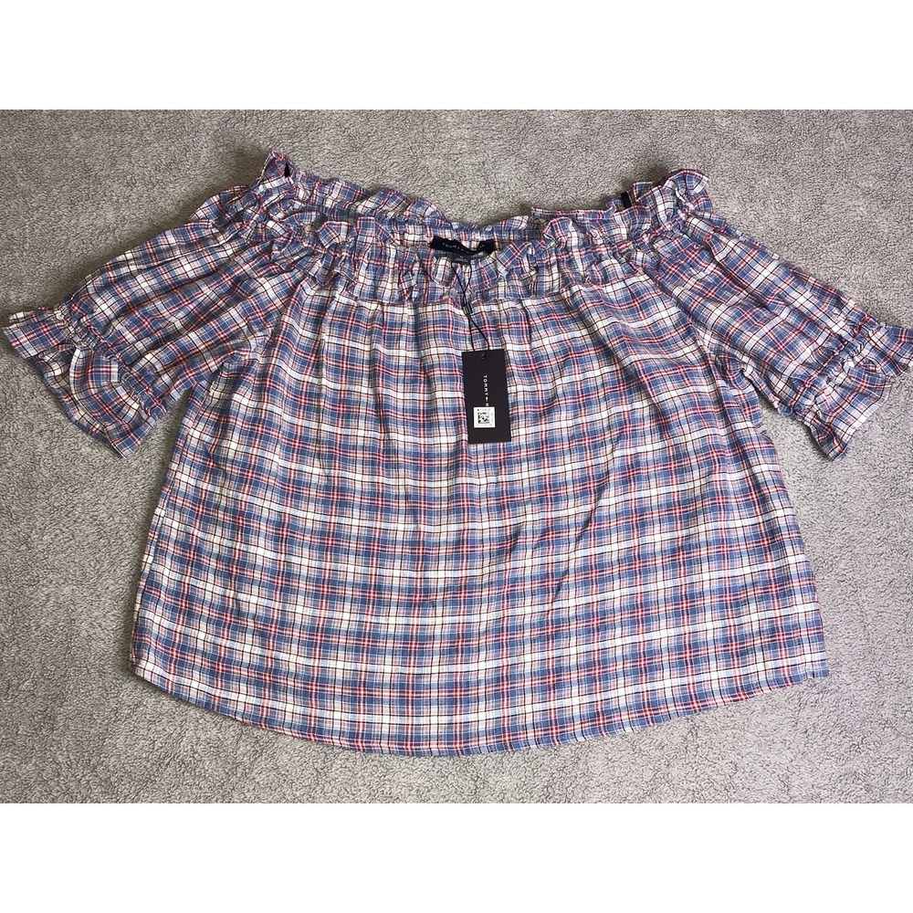 NEW Tommy Hilfiger Shirt Women's Medium Blue Off The Shoulder Plaid Smocked Top‎